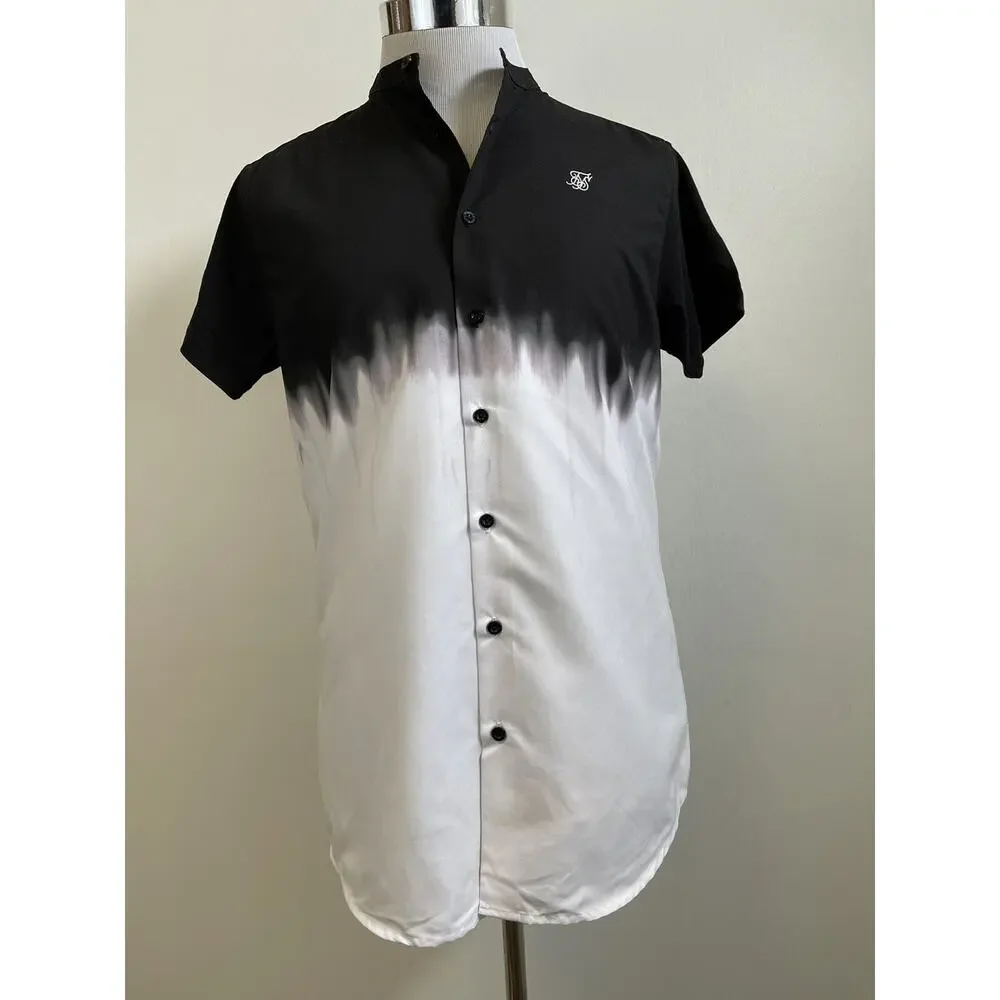 Sik Silk Shirt Mens Small Button Up Color Block Black Contrast Cotton N76